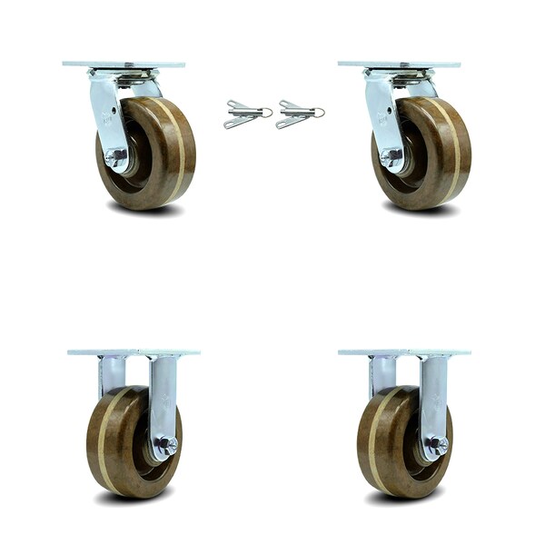 5 Inch High Temp Phenolic Caster Set with Roller Bearings 2 Swivel Lock 2 Rigid